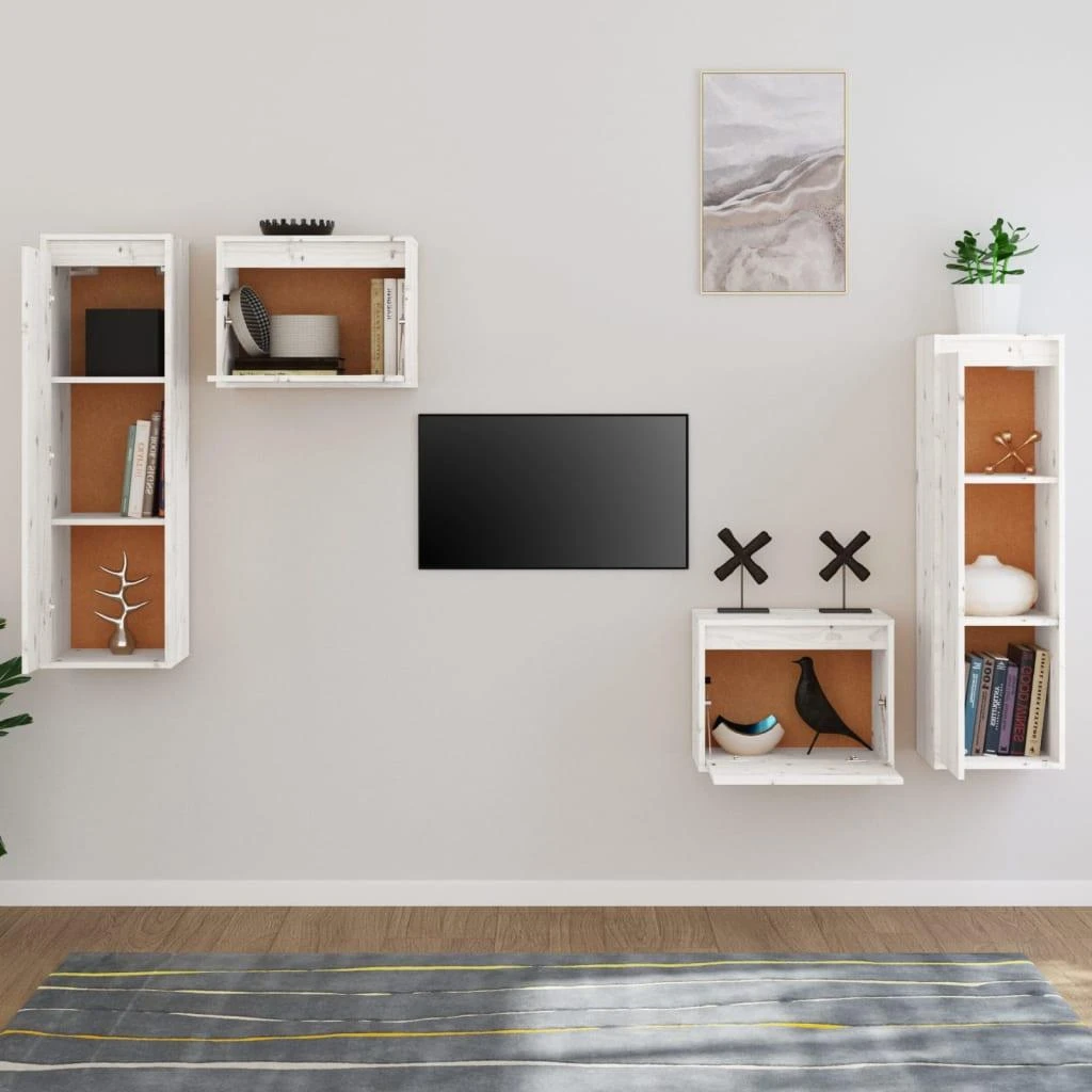 TV staliukas Televizoriaus spintelės, 4vnt., baltos, pušies medienos masyvas