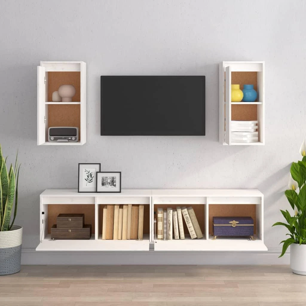 TV staliukas Televizoriaus spintelės, 4vnt., baltos, pušies medienos masyvas