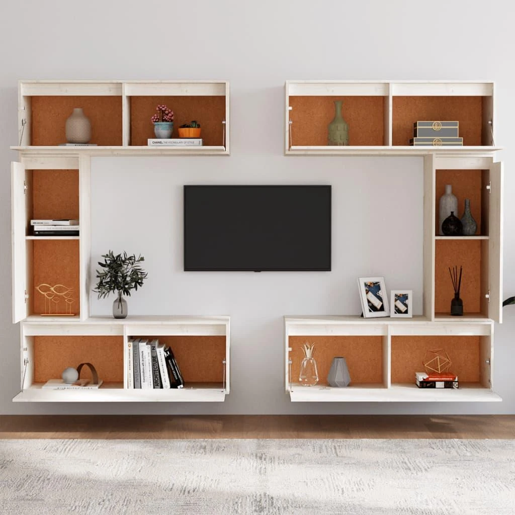 TV staliukas Televizoriaus spintelės, 6vnt., baltos, pušies medienos masyvas