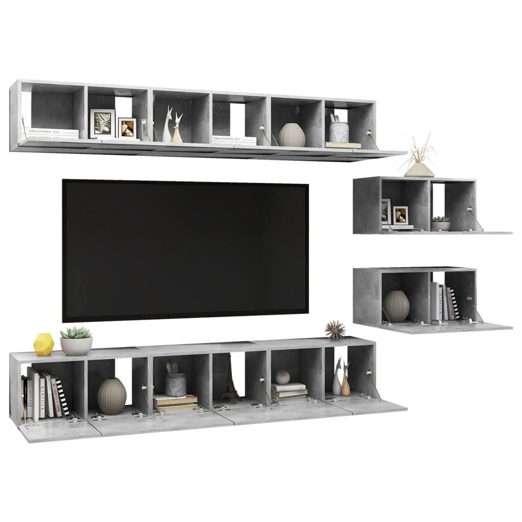 TV staliukas Televizoriaus spintelių komplektas, 8 dalių, betono, mediena