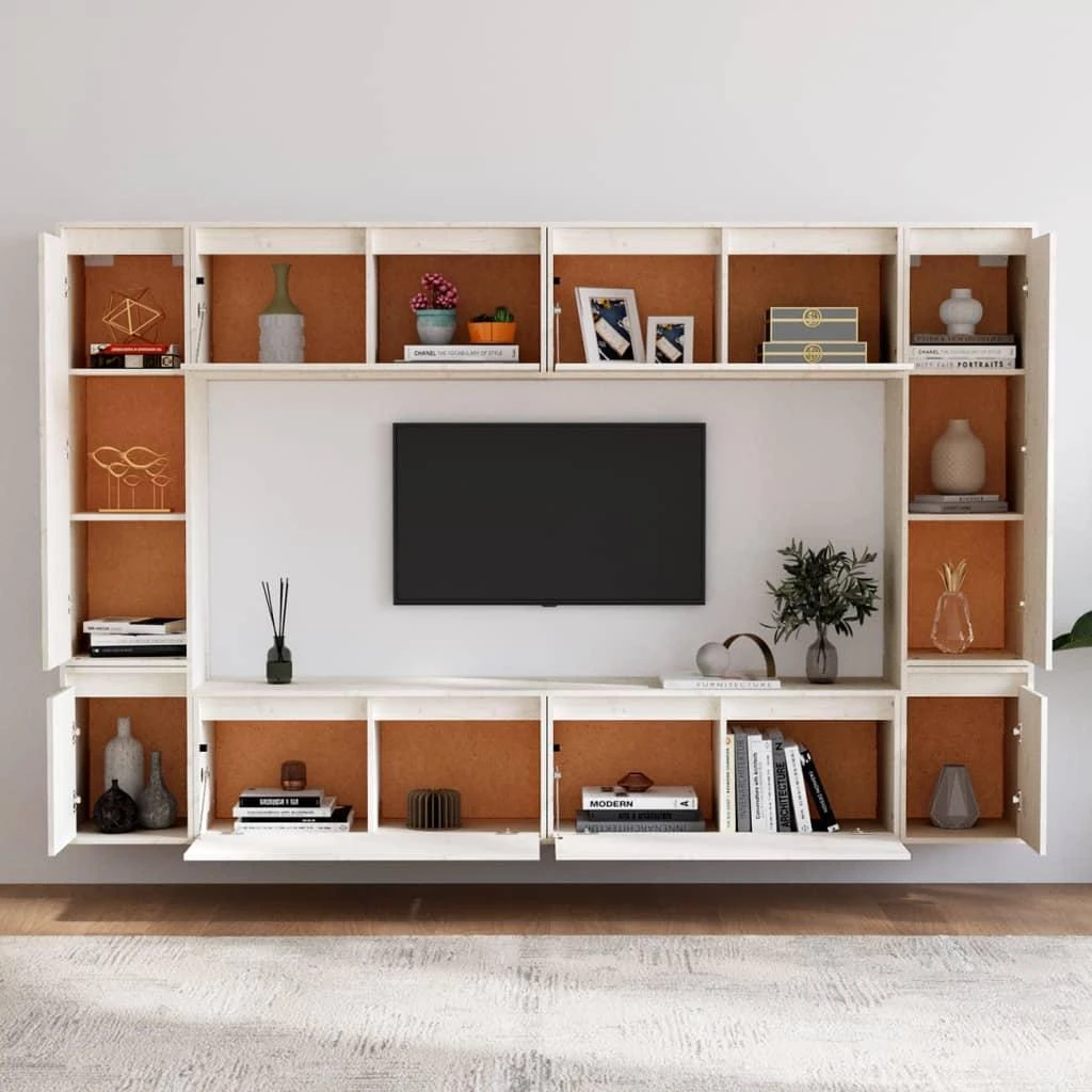 TV staliukas Televizoriaus spintelės, 8vnt., baltos, pušies medienos masyvas