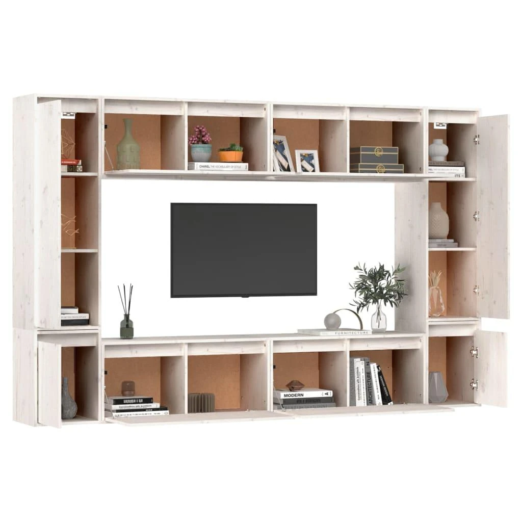TV staliukas Televizoriaus spintelės, 8vnt., baltos, pušies medienos masyvas