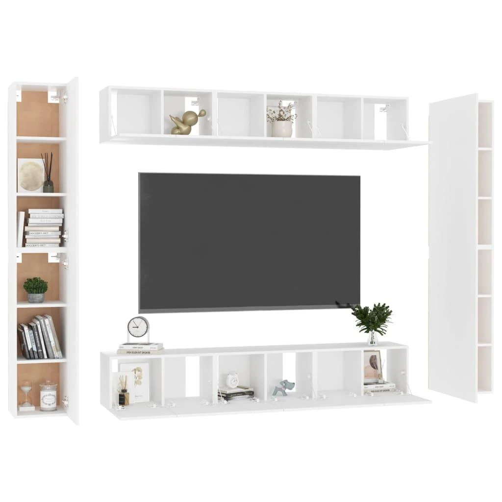 TV staliukas Televizoriaus spintelių komplektas, 10 dalių, baltas, mediena