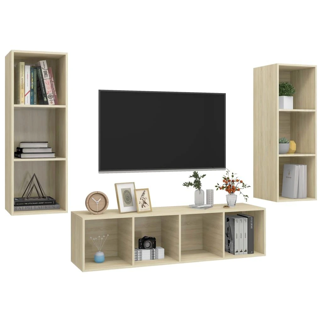 TV staliukas Televizoriaus spintelių komplektas, 3 dalių, ąžuolo, mediena