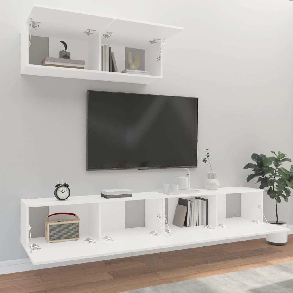 TV staliukas Televizoriaus spintelių komplektas, 3 dalių, baltas, mediena
