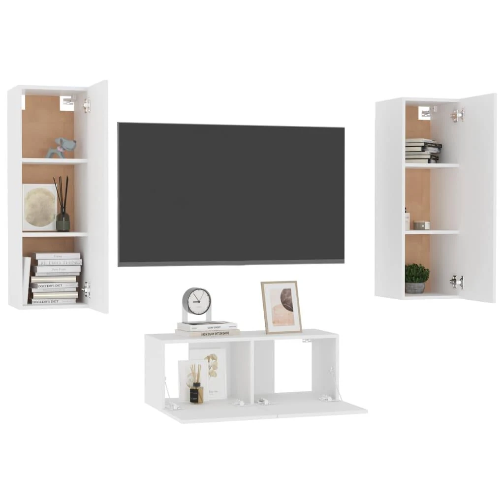 TV staliukas Televizoriaus spintelių komplektas, 3 dalių, baltas, mediena