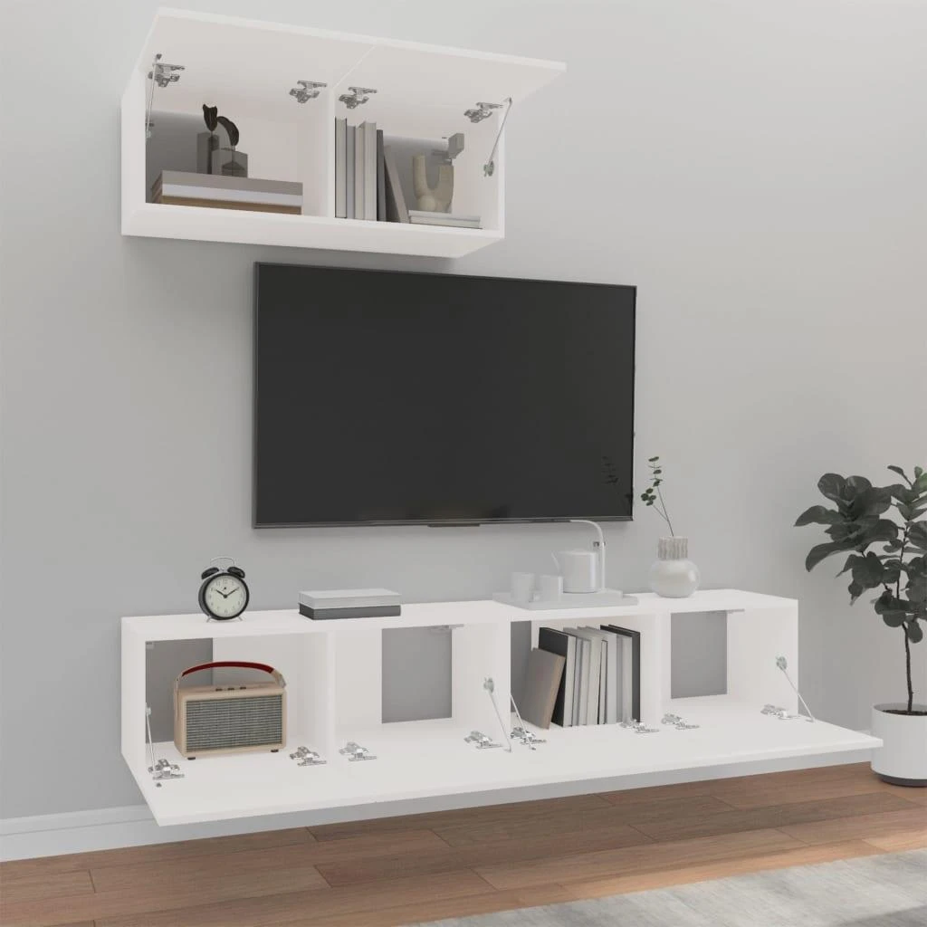 TV staliukas Televizoriaus spintelių komplektas, 3 dalių, baltas, mediena