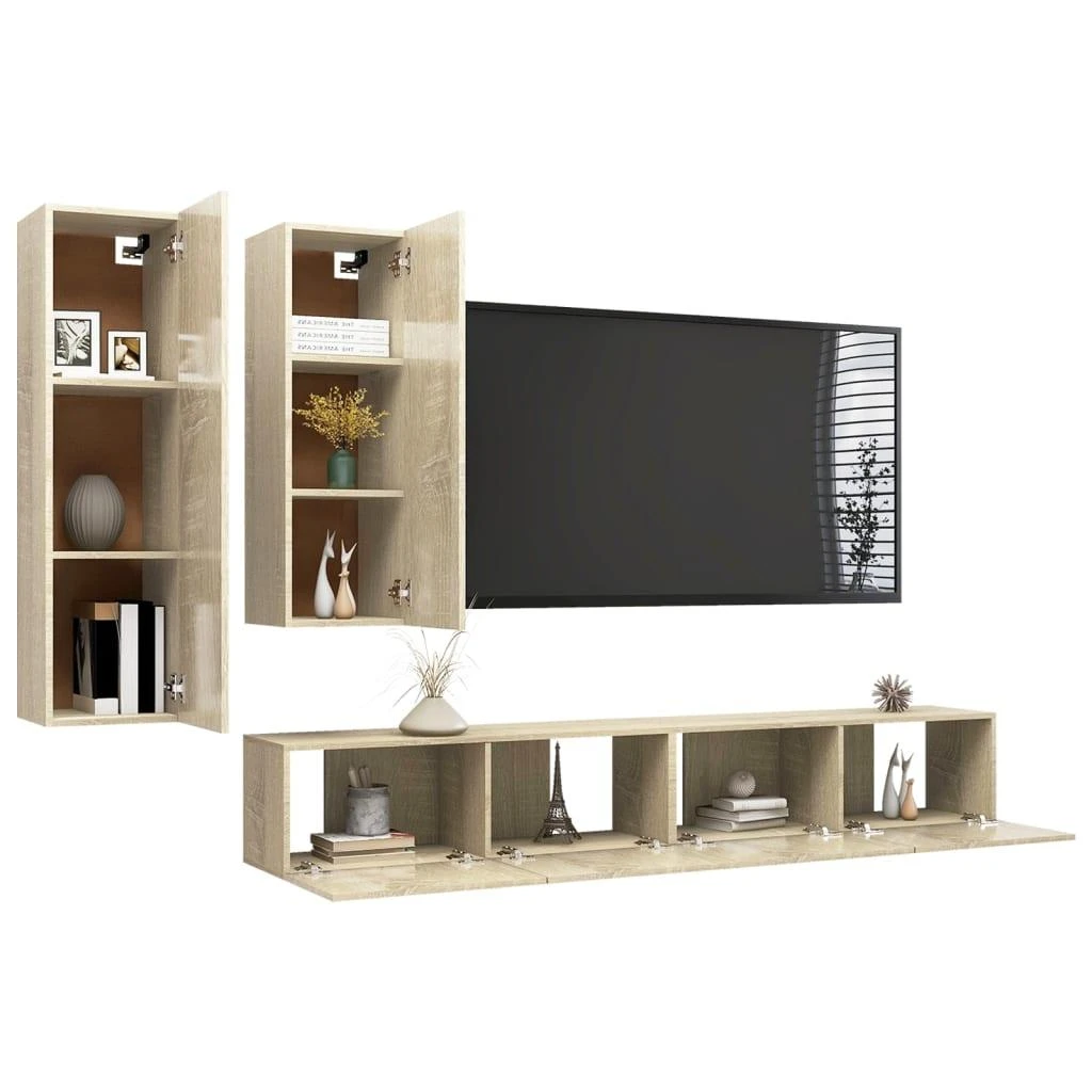 TV staliukas Televizoriaus spintelių komplektas, 4 dalių, ąžuolo, mediena