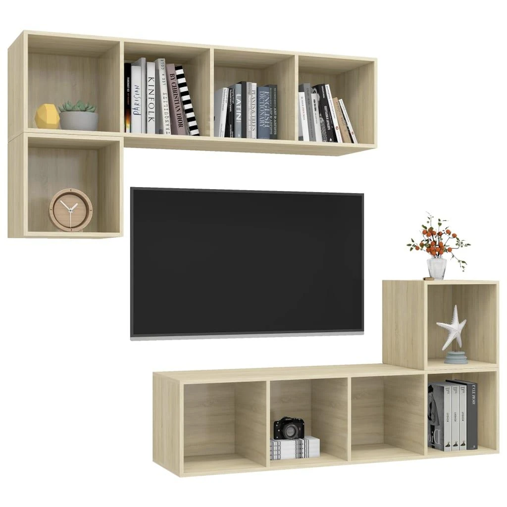 TV staliukas Televizoriaus spintelių komplektas, 4 dalių, ąžuolo, mediena
