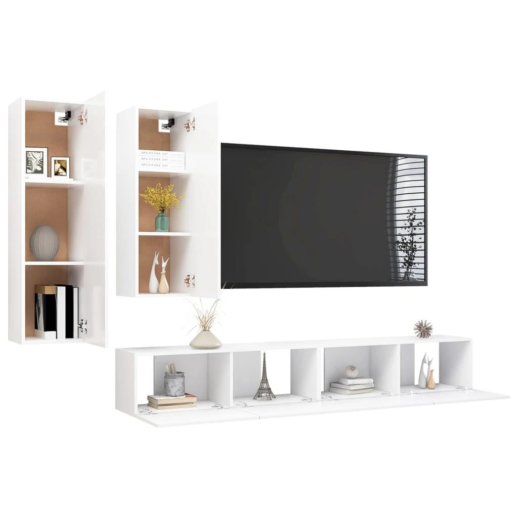 TV staliukas Televizoriaus spintelių komplektas, 4 dalių, baltas, mediena