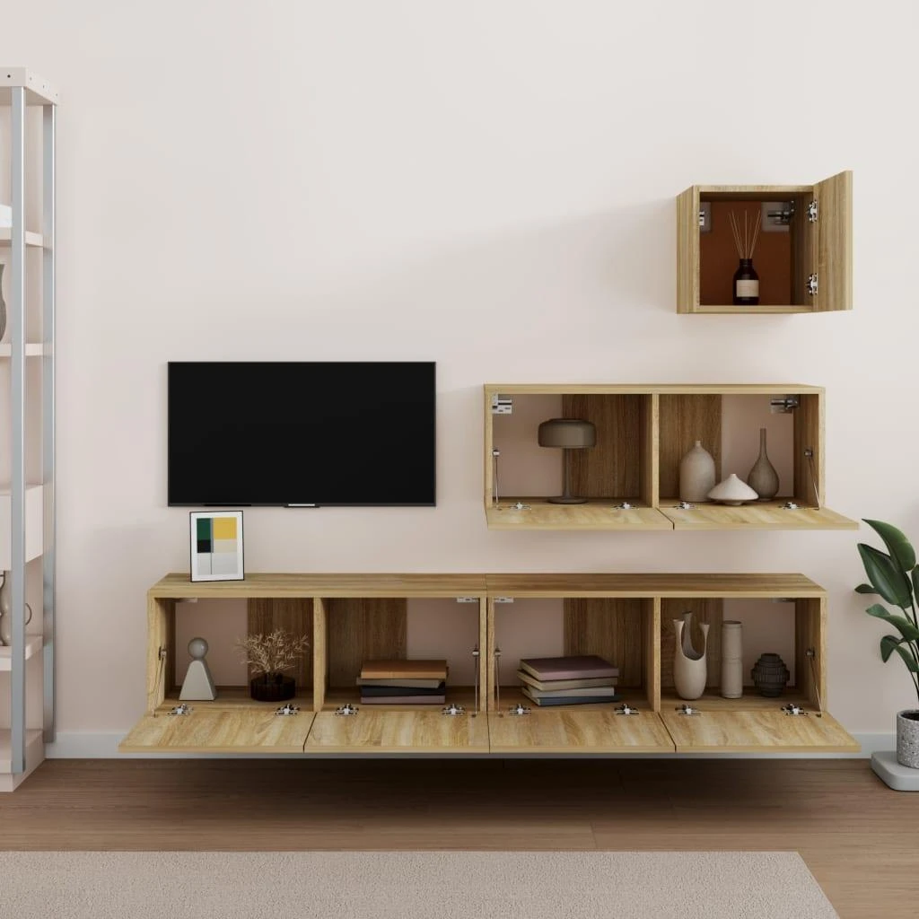 TV staliukas Televizoriaus spintelių komplektas, 4 dalių, ąžuolo, mediena
