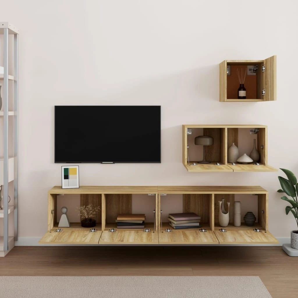 TV staliukas Televizoriaus spintelių komplektas, 4 dalių, ąžuolo, mediena