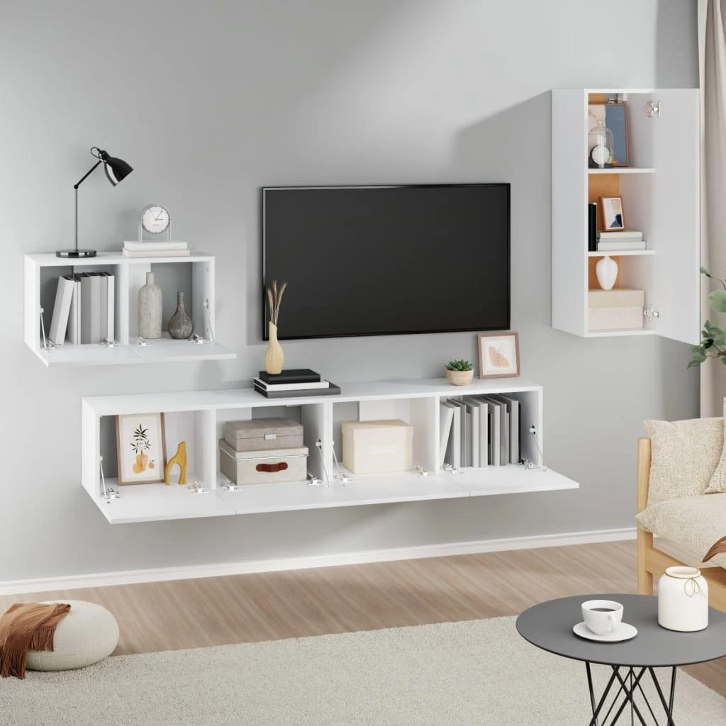 TV staliukas Televizoriaus spintelių komplektas, 4 dalių, baltas, mediena