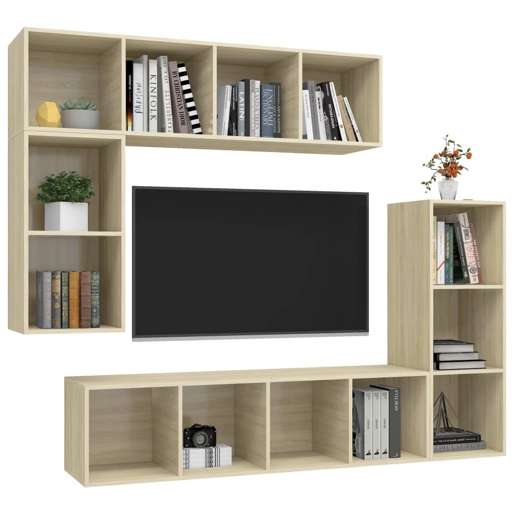 TV staliukas Televizoriaus spintelių komplektas, 4 dalių, ąžuolo, mediena