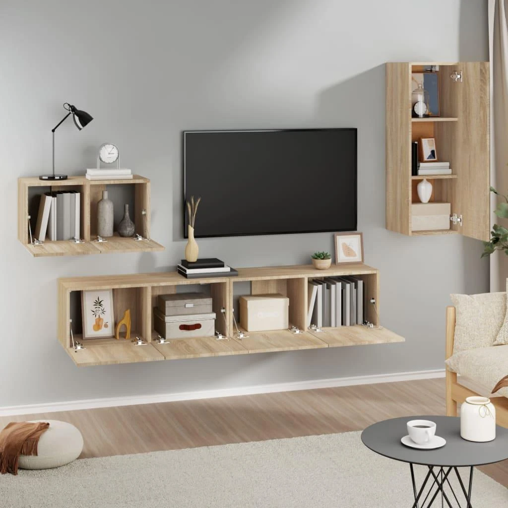 TV staliukas Televizoriaus spintelių komplektas, 4 dalių, ąžuolo, mediena