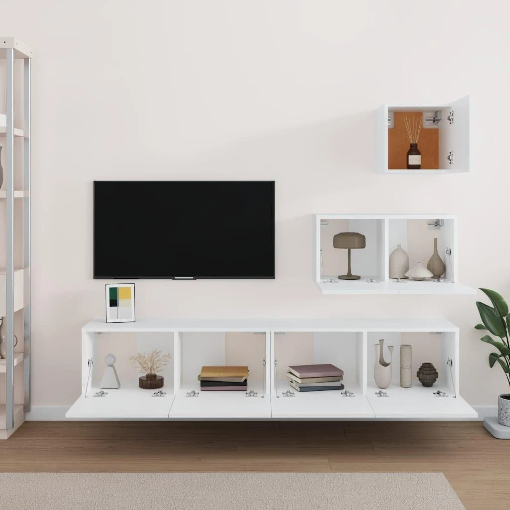 TV staliukas Televizoriaus spintelių komplektas, 4 dalių, baltas, mediena