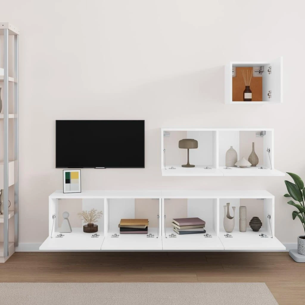 TV staliukas Televizoriaus spintelių komplektas, 4 dalių, baltas, mediena