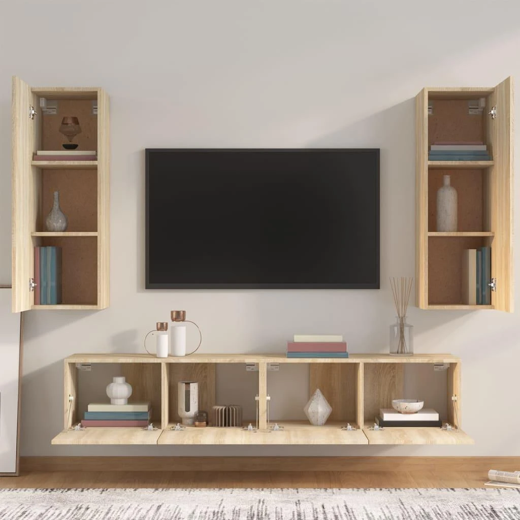 TV staliukas Televizoriaus spintelių komplektas, 4 dalių, ąžuolo, mediena