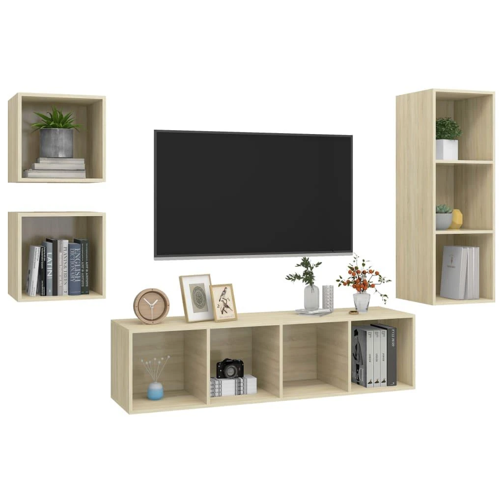 TV staliukas Televizoriaus spintelių komplektas, 4 dalių, ąžuolo, mediena