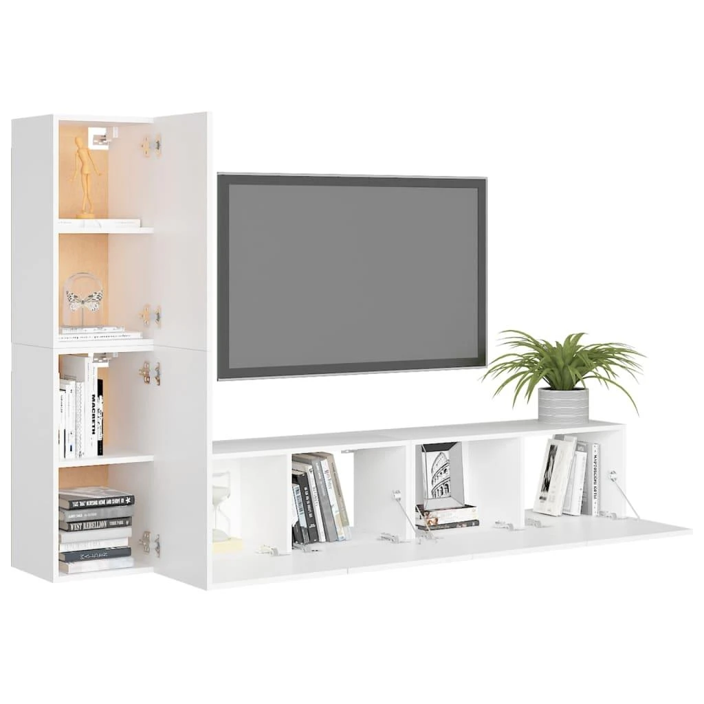 TV staliukas Televizoriaus spintelių komplektas, 4 dalių, baltas, mediena