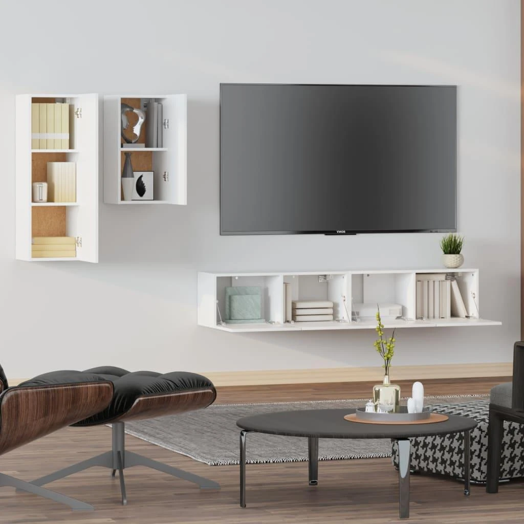 TV staliukas Televizoriaus spintelių komplektas, 4 dalių, baltas, mediena