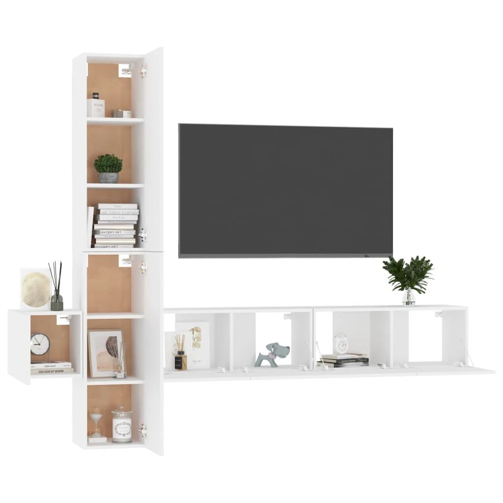 TV staliukas Televizoriaus spintelių komplektas, 5 dalių, baltas, mediena
