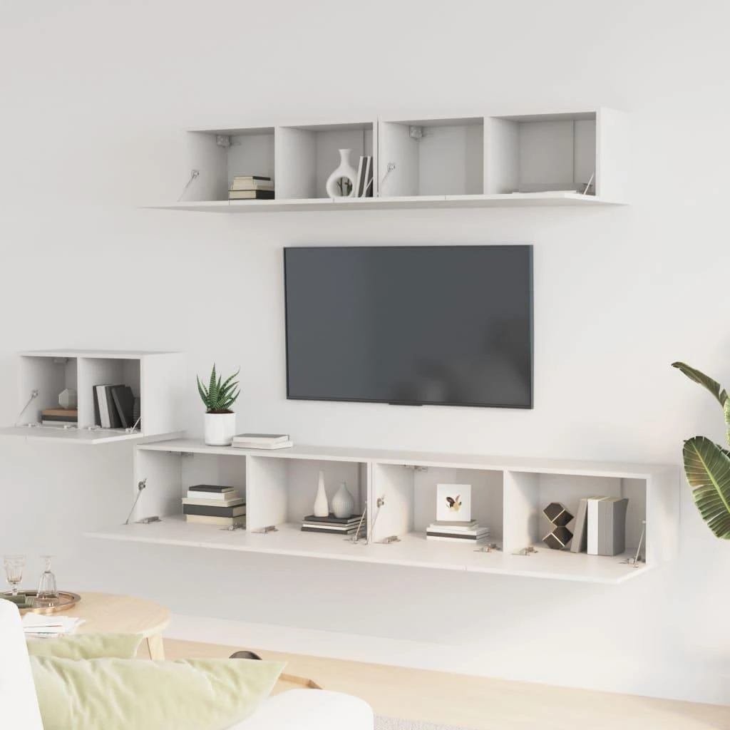 TV staliukas Televizoriaus spintelių komplektas, 5 dalių, baltas, mediena