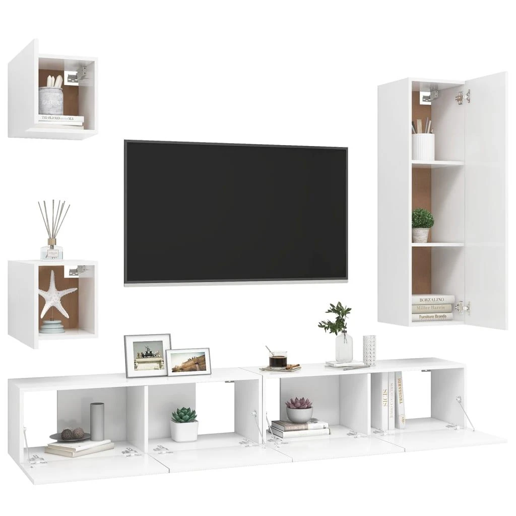TV staliukas Televizoriaus spintelių komplektas, 5 dalių, baltas, mediena