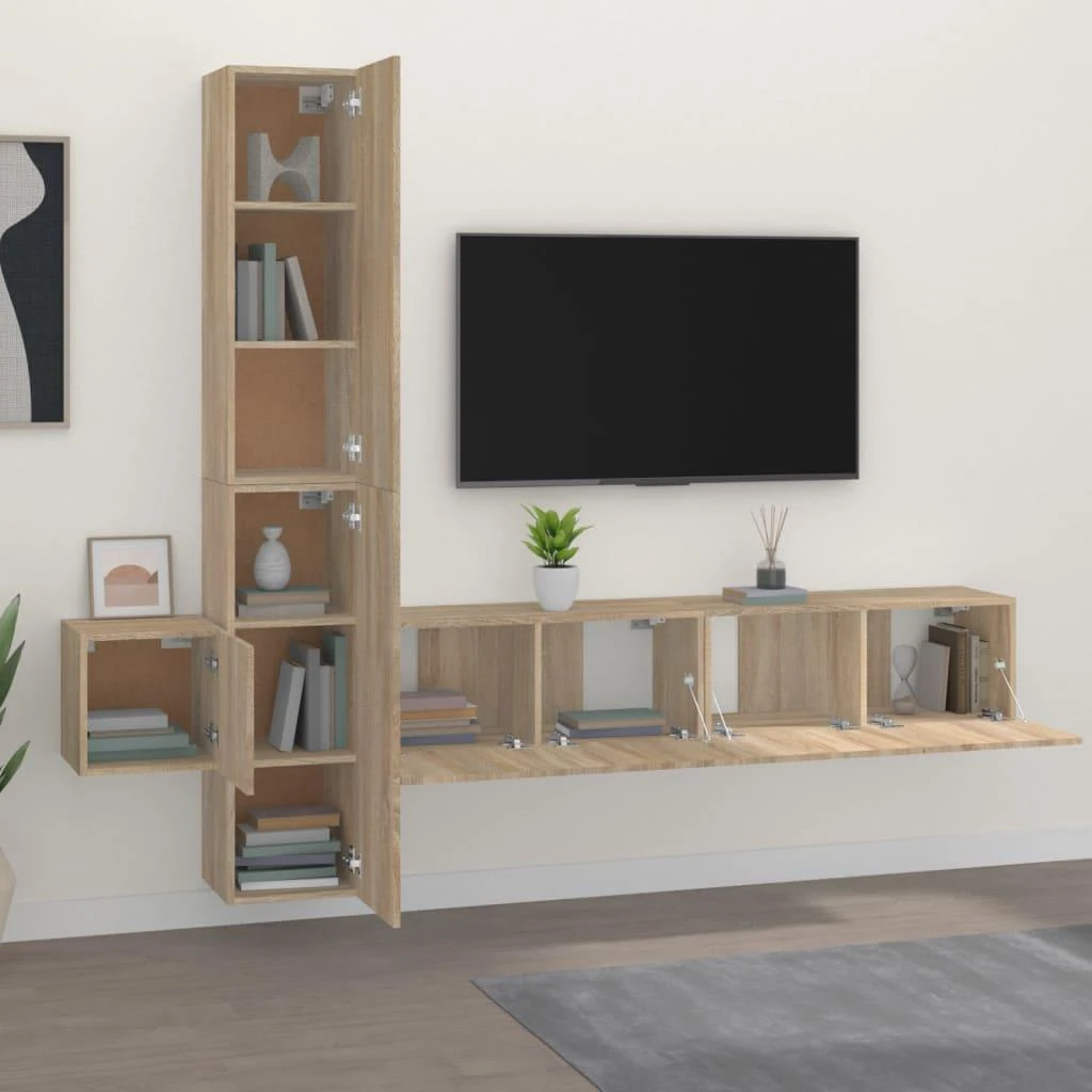 TV staliukas Televizoriaus spintelių komplektas, 5 dalių, ąžuolo, mediena