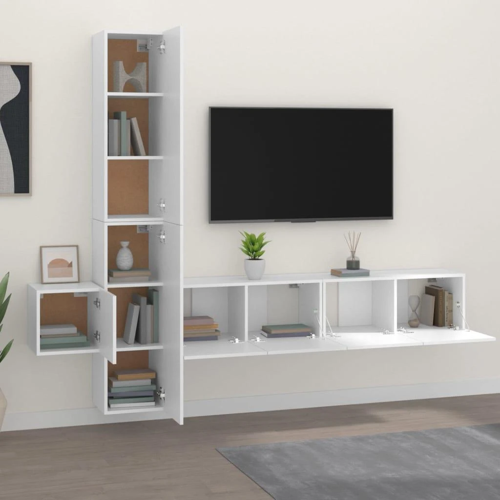 TV staliukas Televizoriaus spintelių komplektas, 5 dalių, baltas, mediena