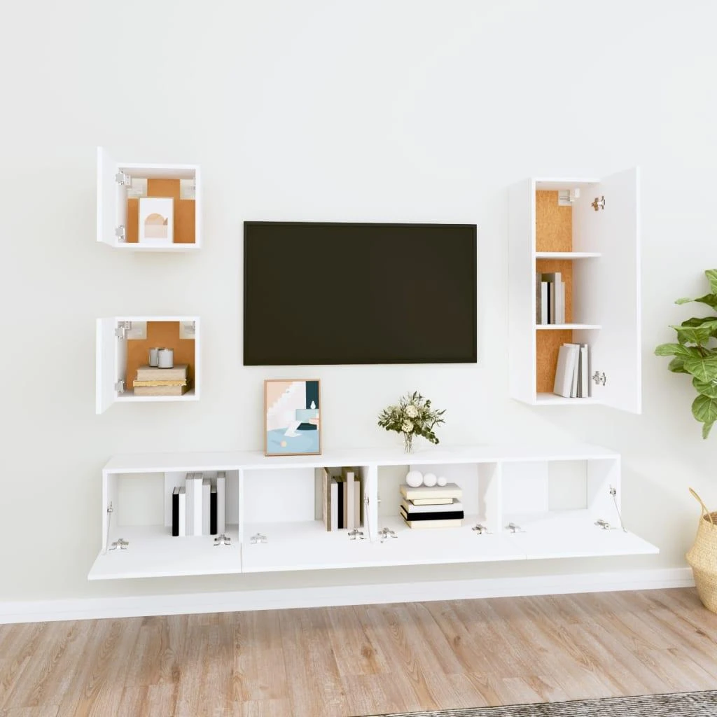 TV staliukas Televizoriaus spintelių komplektas, 5 dalių, baltas, mediena