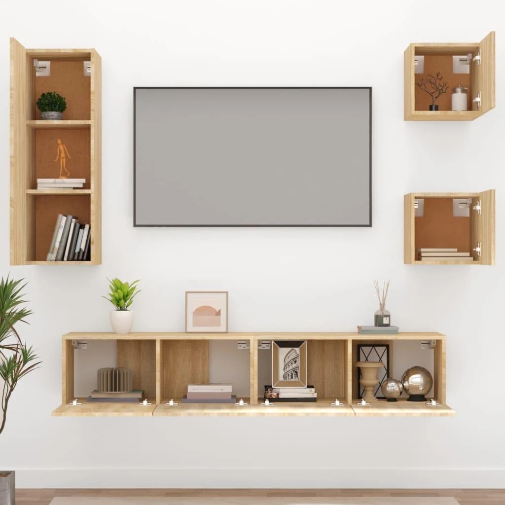 TV staliukas Televizoriaus spintelių komplektas, 5 dalių, ąžuolo, mediena