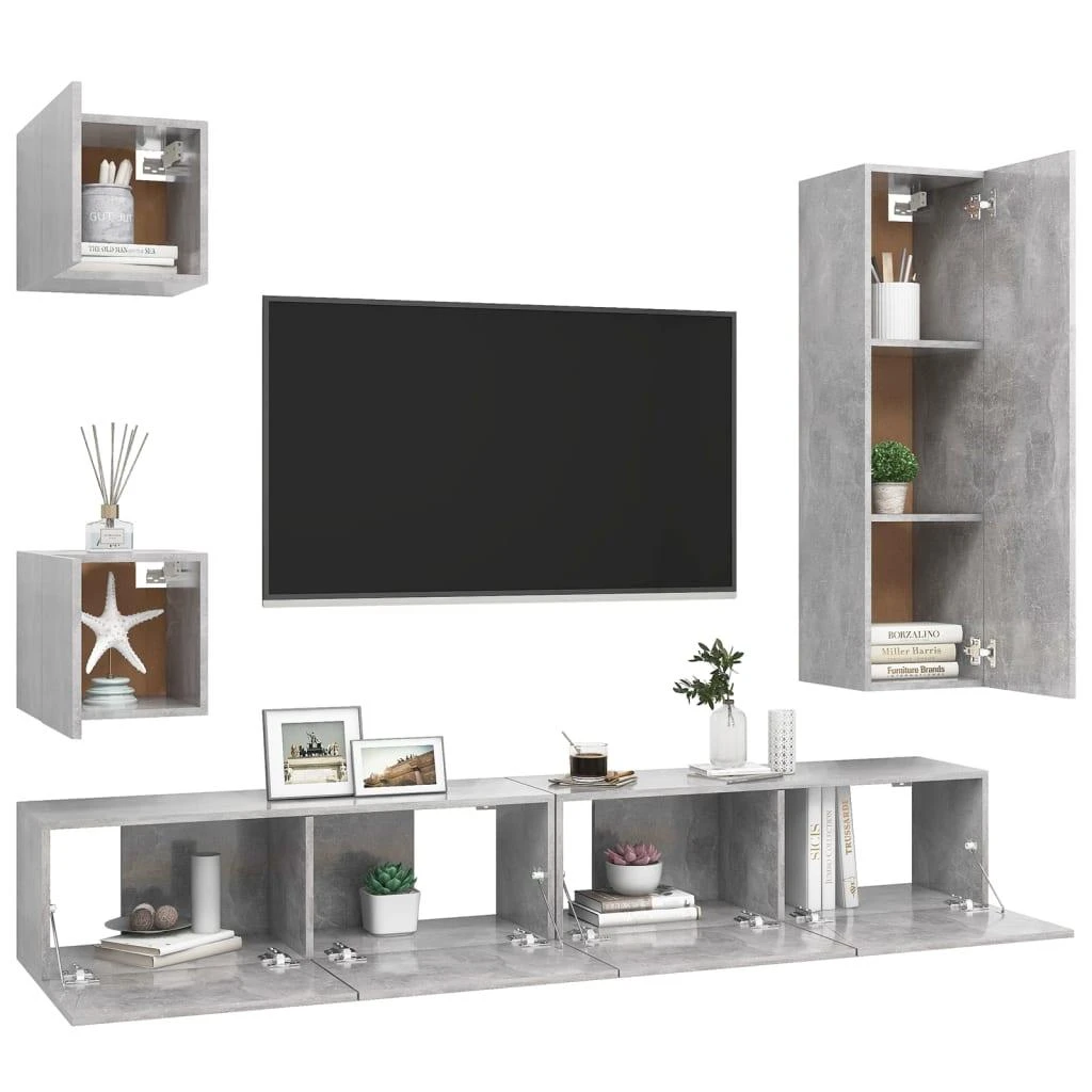 TV staliukas Televizoriaus spintelių komplektas, 5 dalių, betono, mediena