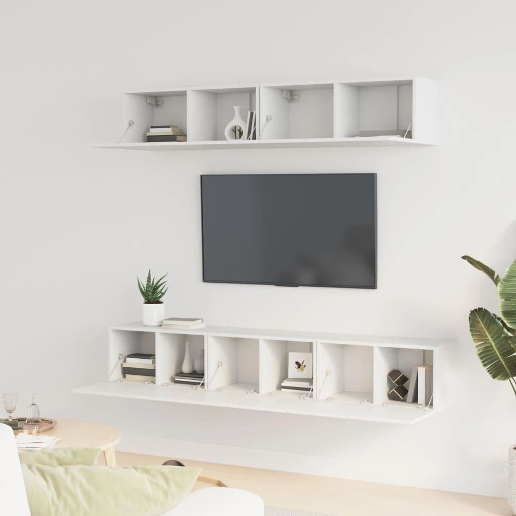 TV staliukas Televizoriaus spintelių komplektas, 5 dalių, baltas, mediena