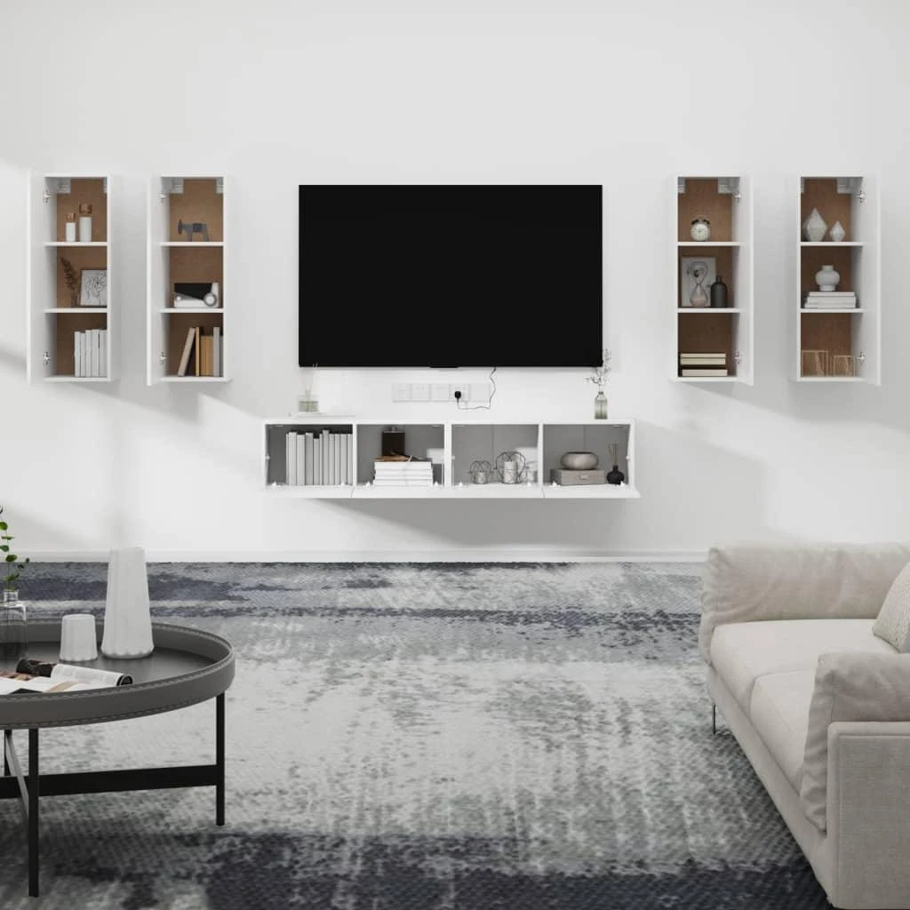 TV staliukas Televizoriaus spintelių komplektas, 6 dalių, baltas, mediena