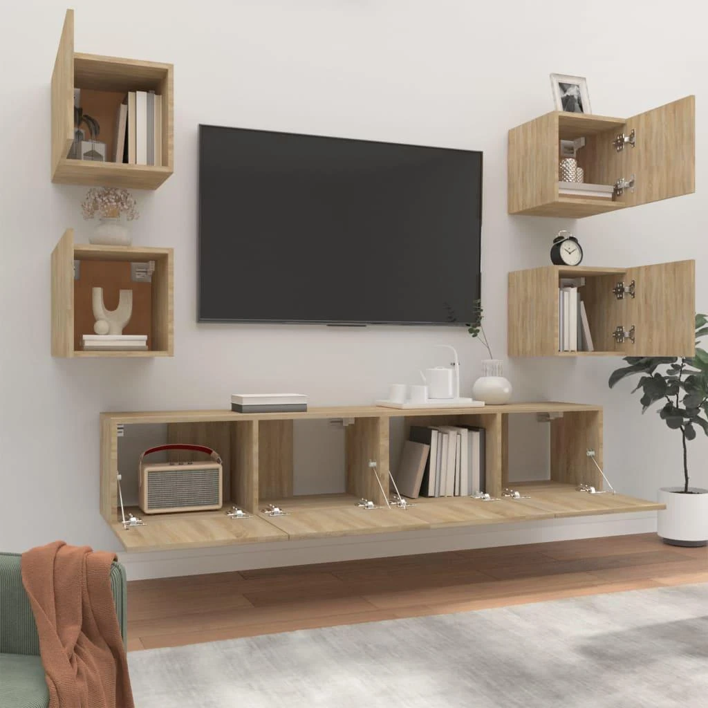 TV staliukas Televizoriaus spintelių komplektas, 6 dalių, ąžuolo, mediena