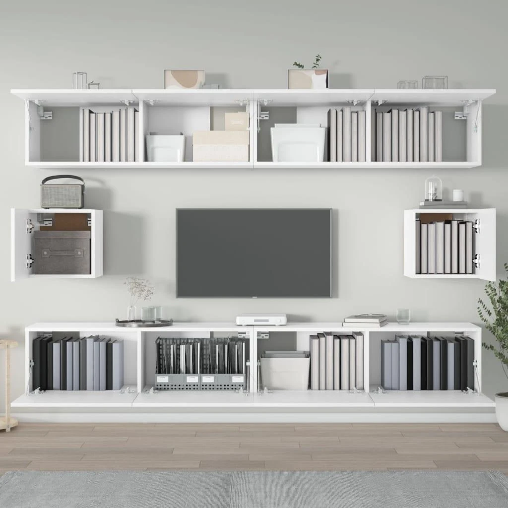 TV staliukas Televizoriaus spintelių komplektas, 6 dalių, baltas, mediena