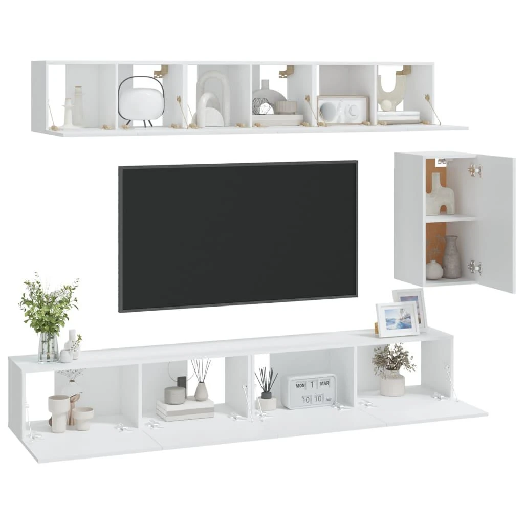 TV staliukas Televizoriaus spintelių komplektas, 6 dalių, baltas, mediena