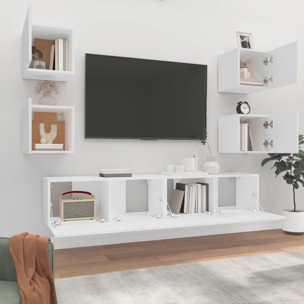 TV staliukas Televizoriaus spintelių komplektas, 6 dalių, baltas, mediena