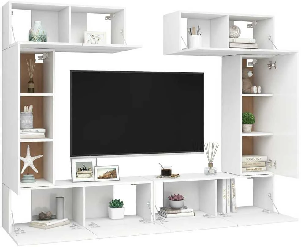 TV staliukas Televizoriaus spintelių komplektas, 6 dalių, baltas, mediena