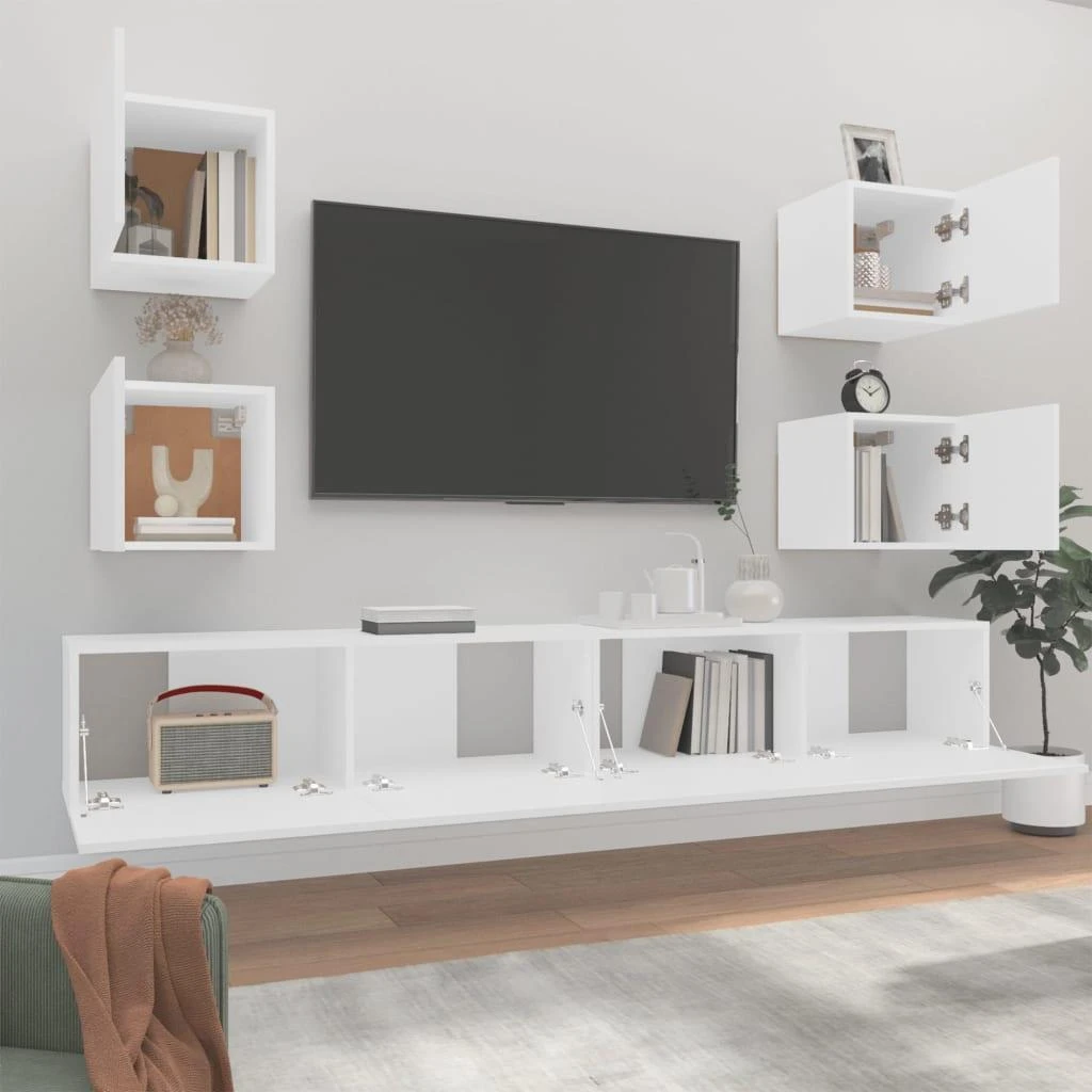 TV staliukas Televizoriaus spintelių komplektas, 6 dalių, baltas, mediena