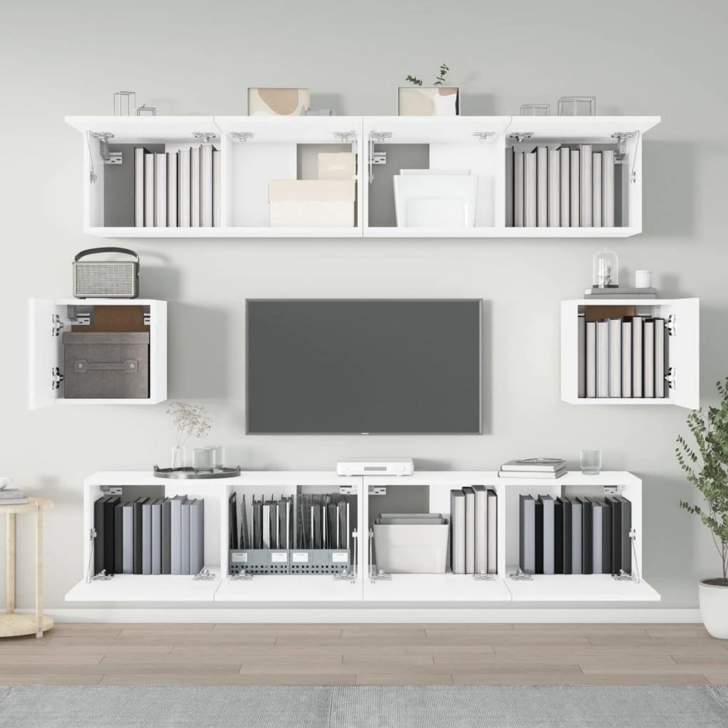 TV staliukas Televizoriaus spintelių komplektas, 6 dalių, baltas, mediena