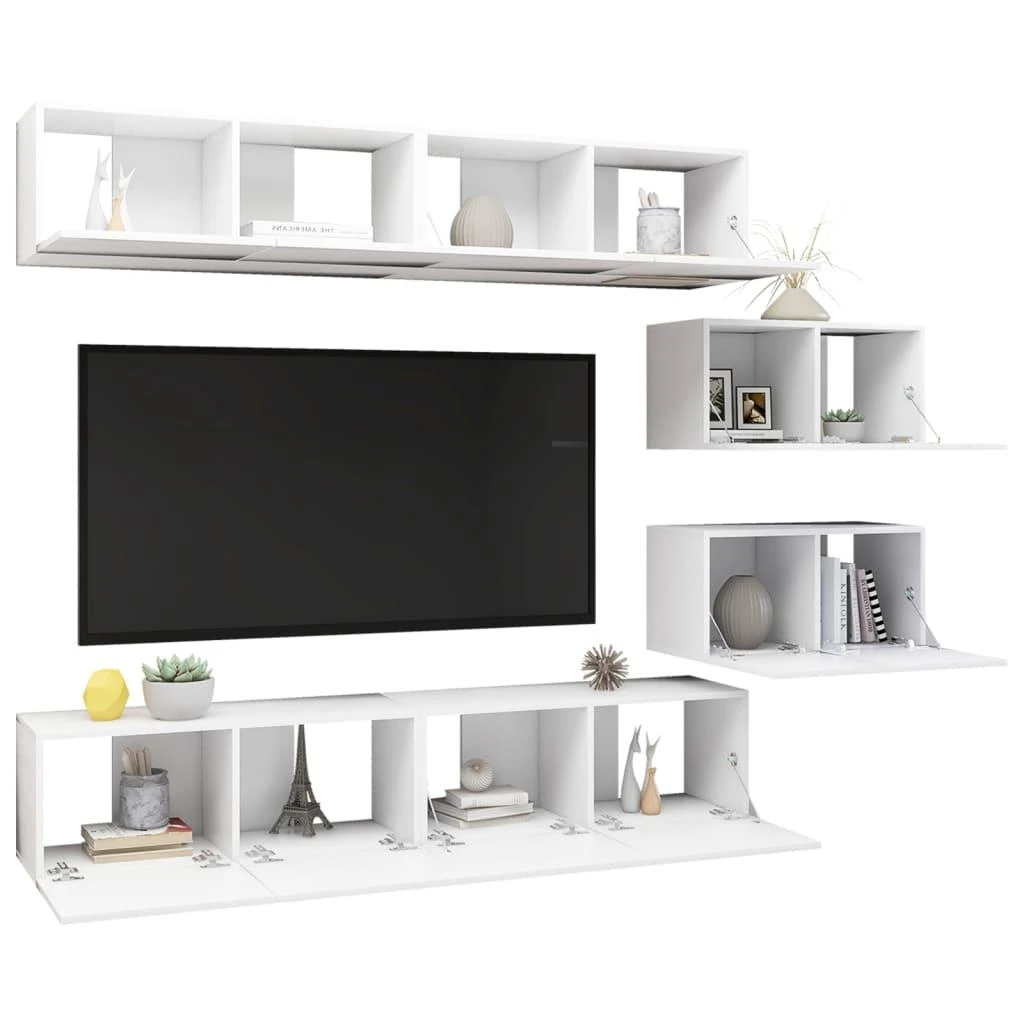 TV staliukas Televizoriaus spintelių komplektas, 6 dalių, baltas, mediena
