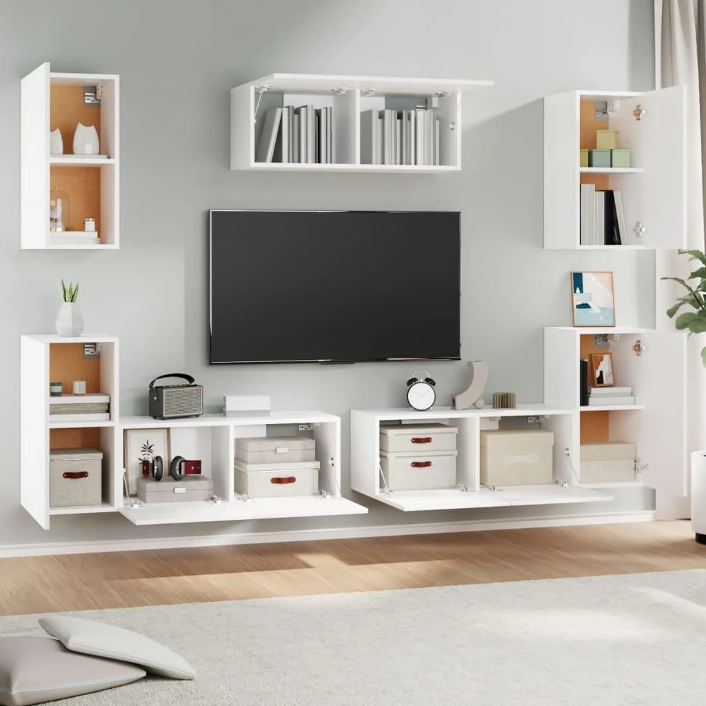 TV staliukas Televizoriaus spintelių komplektas, 7 dalių, baltas, mediena