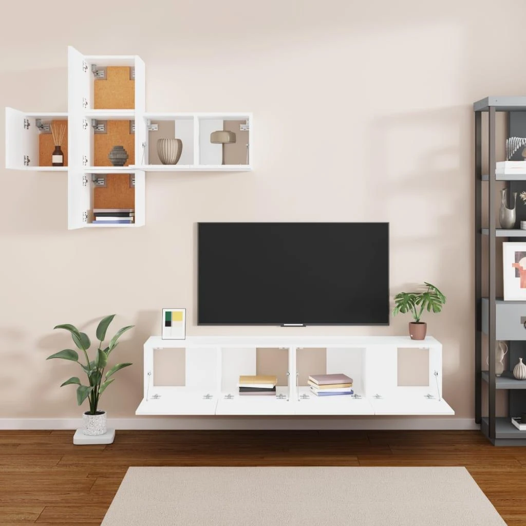 TV staliukas Televizoriaus spintelių komplektas, 7 dalių, baltas, mediena
