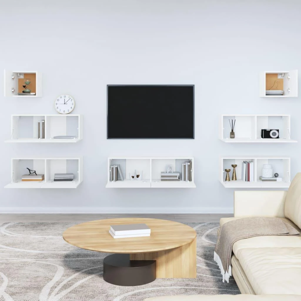 TV staliukas Televizoriaus spintelių komplektas, 7 dalių, baltas, mediena