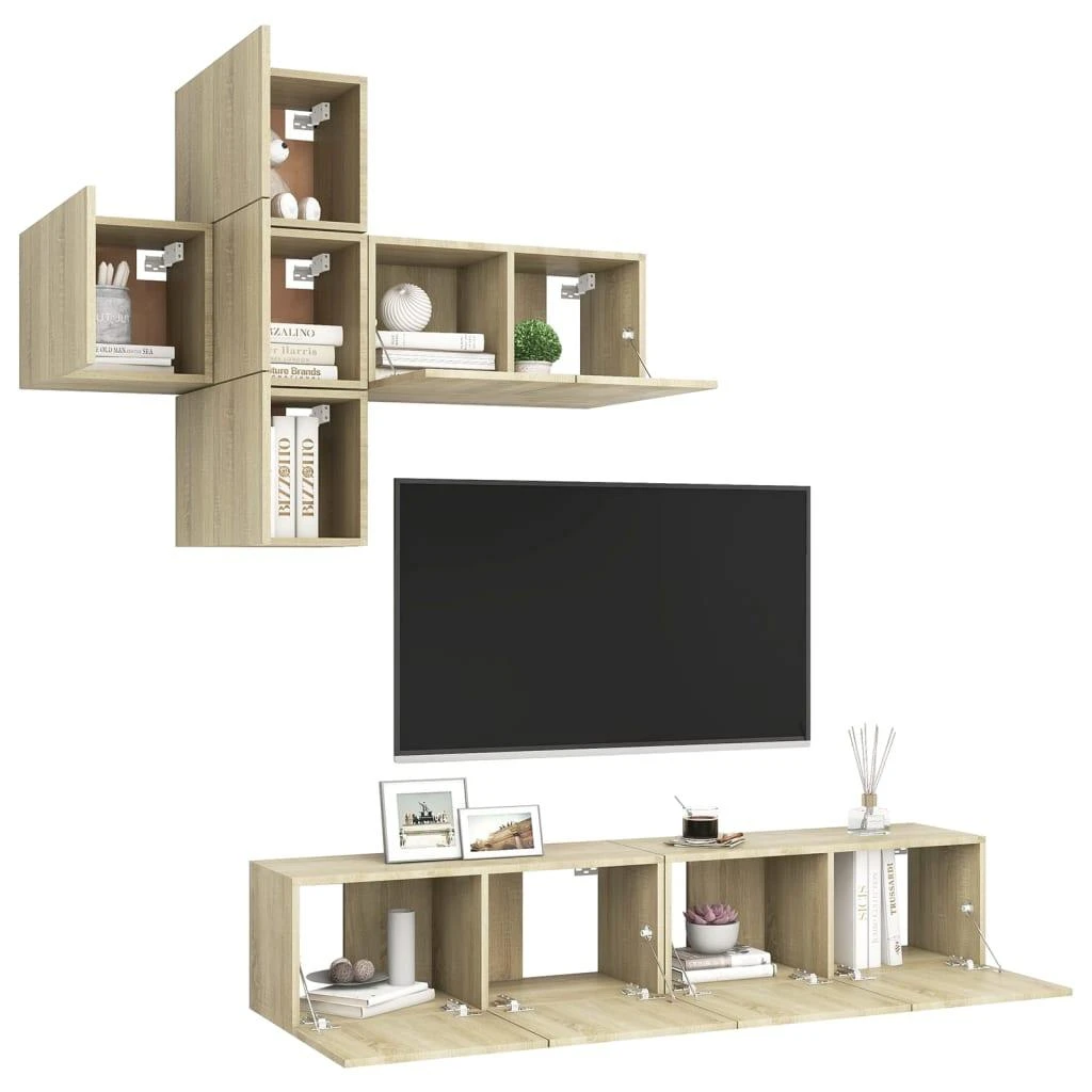 TV staliukas Televizoriaus spintelių komplektas, 7 dalių, ąžuolo, mediena