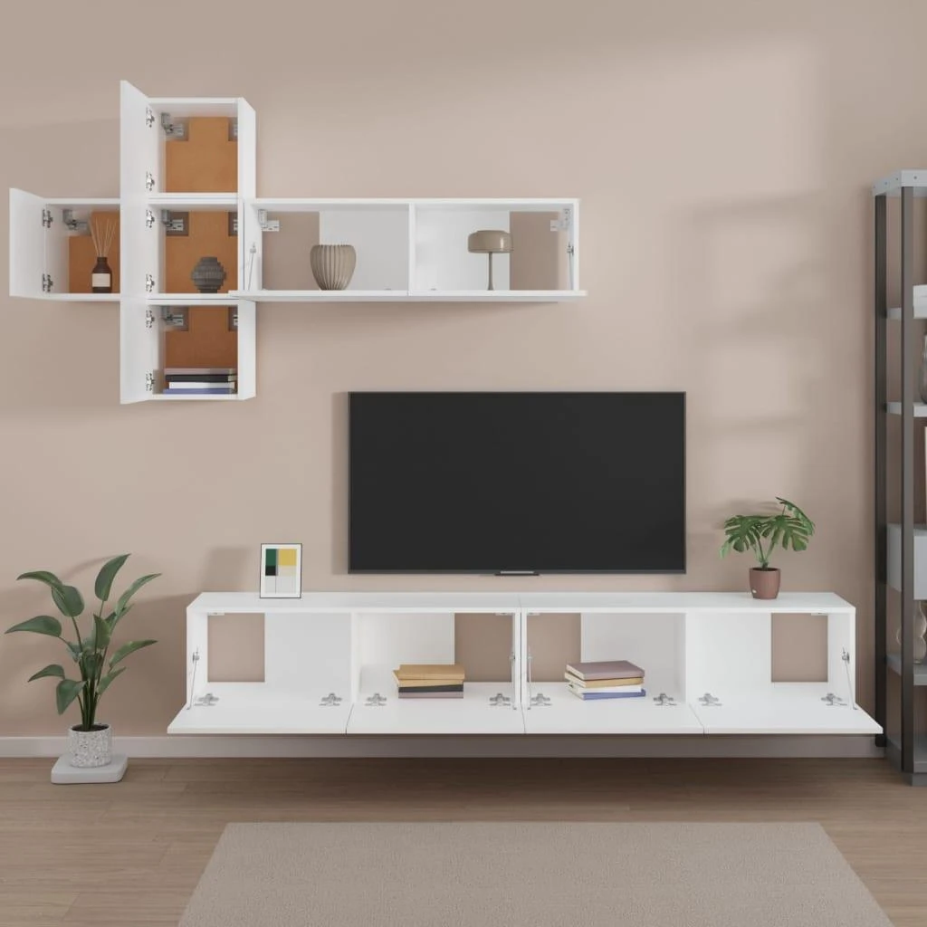 TV staliukas Televizoriaus spintelių komplektas, 7 dalių, baltas, mediena