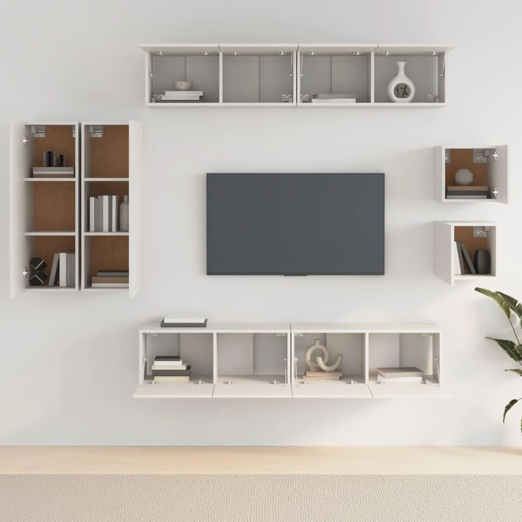 TV staliukas Televizoriaus spintelių komplektas, 8 dalių, baltas, mediena