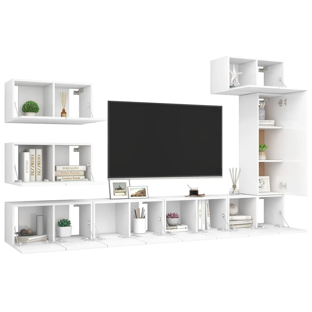 TV staliukas Televizoriaus spintelių komplektas, 8 dalių, baltas, mediena